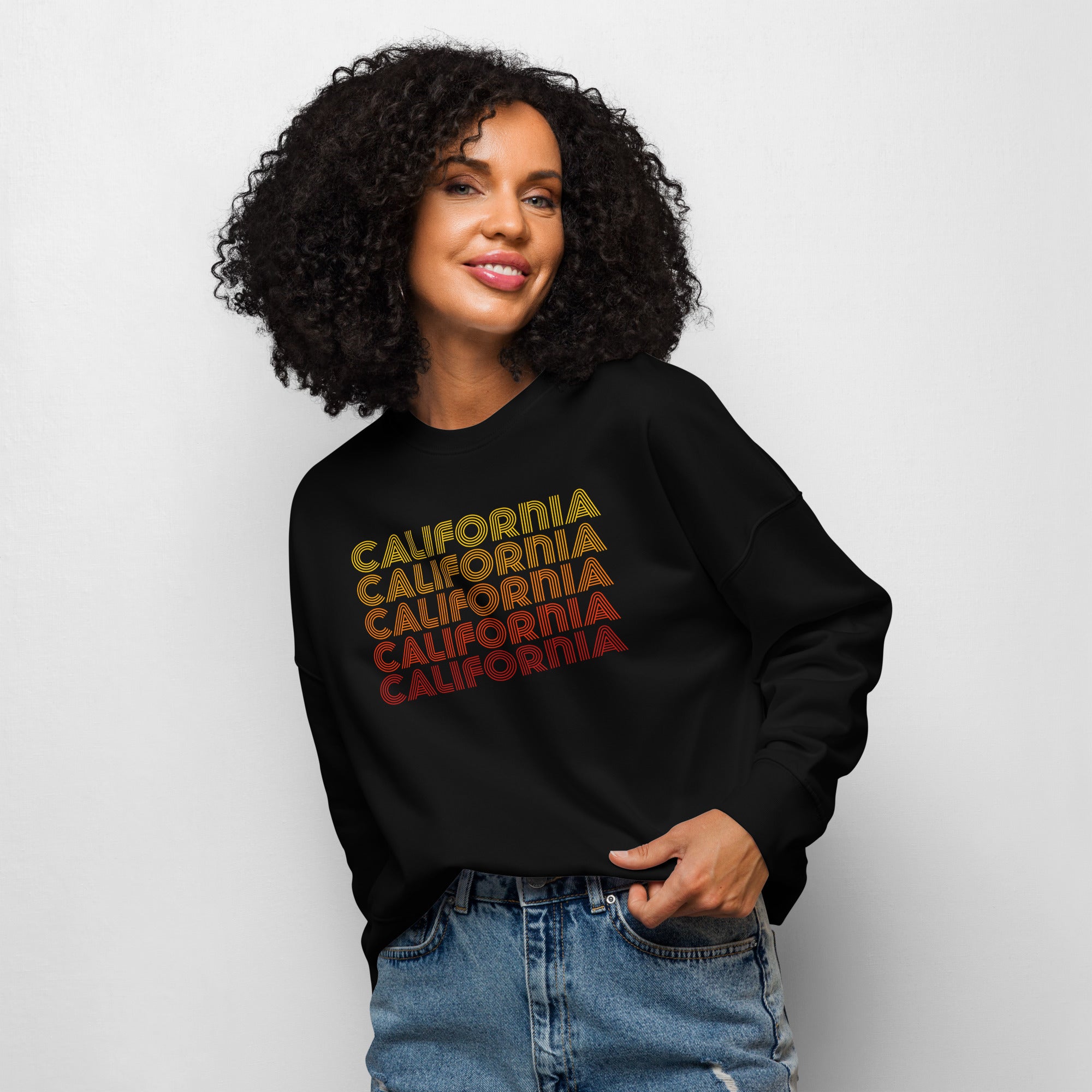Womens Organic Crew Neck Sweatshirt - Retro California Sunset Gradient 70s Graphic
