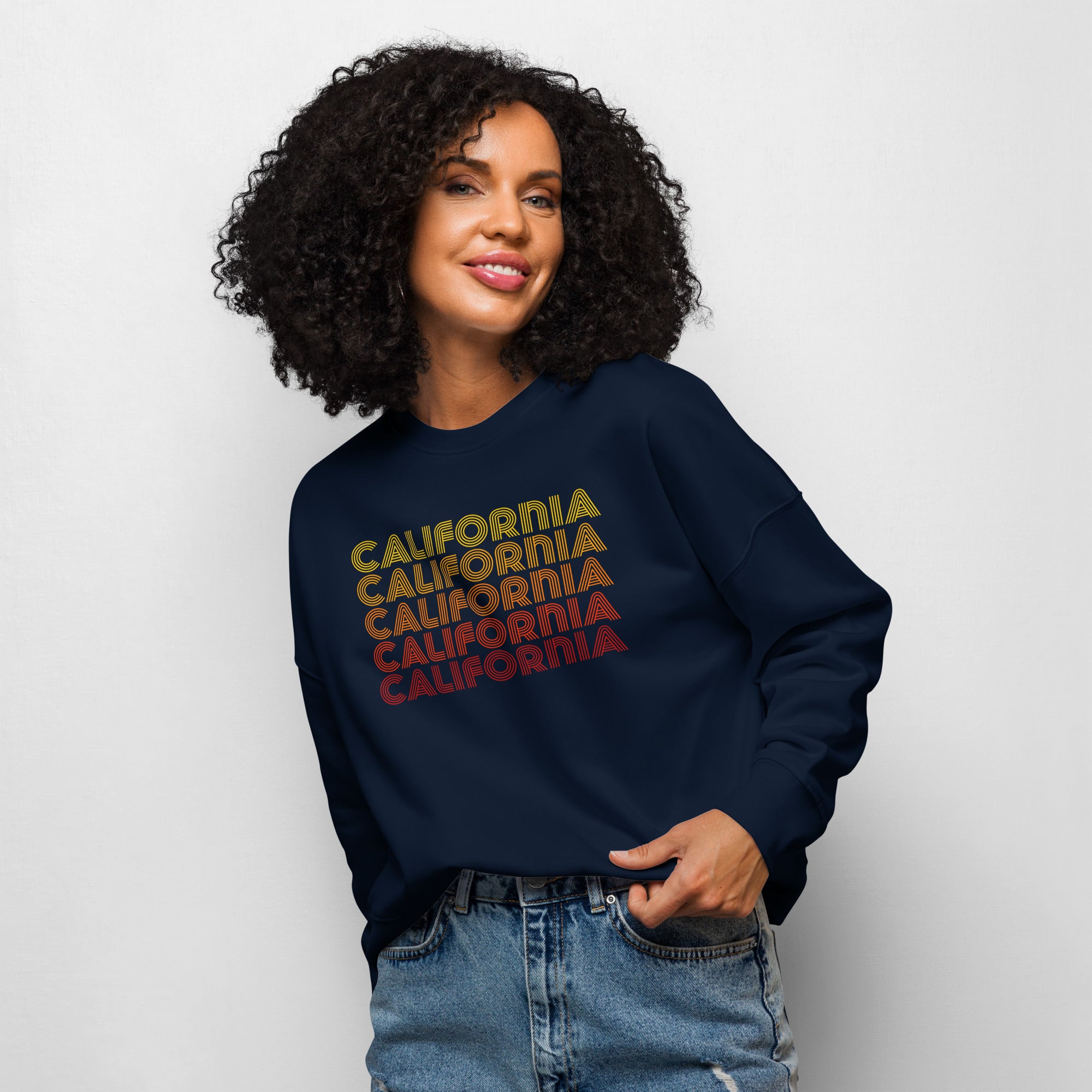 Womens Organic Crew Neck Sweatshirt - Retro California Sunset Gradient 70s Graphic